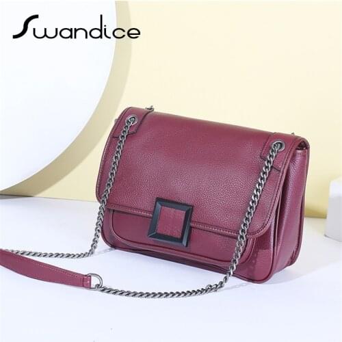 100% Natural Calfskin Real Genuine Leather Square Buckle Chain Crossbody Messenger Shoulder Bags Women Female Handbags Purses