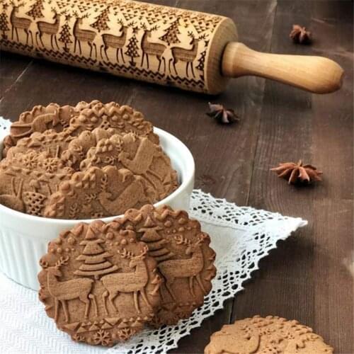 3pcs Christmas Embossing Rolling Pin Baking Cookies Noodle Biscuit Fondant Cake Dough Engraved Roller Reindeer Snowflake Dropshi