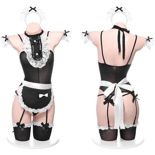 Anime Princess Cosplay Bodysuit Lace Bow Bandage Strap Lovely Headband Wristband Womens Panties Sexy Maid Costume Underwear Set
