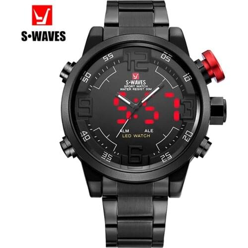 SWAVES LED Watch Men Dual Display Quartz Fashion Reloj Hombre Luxury Waterproof Alarm Clock Stainless Steel Mens Wrist Watches