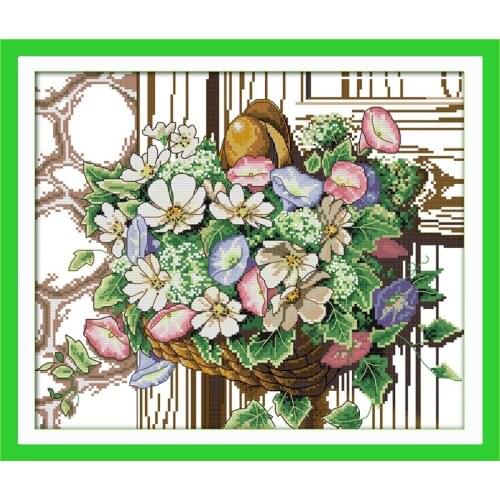 Blooming Flower Basket Cotton Canvas Cross Stitch Kits Accurate Printed Embroidery DIY Handmade Needle work Wall Home Decor