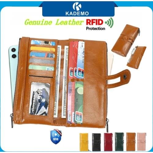 KADEMO Genuine Leather Women Long Purse RFID Blocking Wallet Female Clutches Money Wallets Card Coin Purse for Cell Phone Bag
