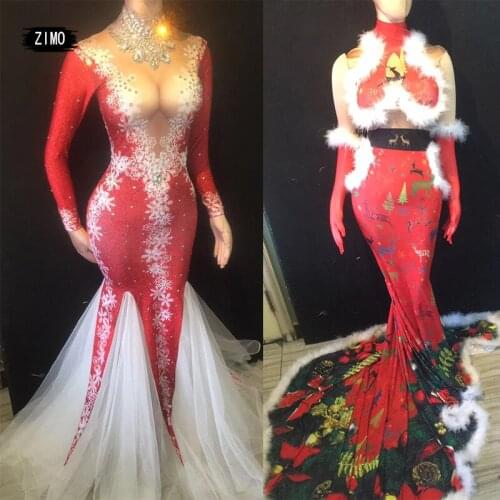 Christmas Reindeer Red Jumpsuit Women Rhinestone Print Dress Sexy Club Bar Party Stage Performance Dance Costume Singer Carnival
