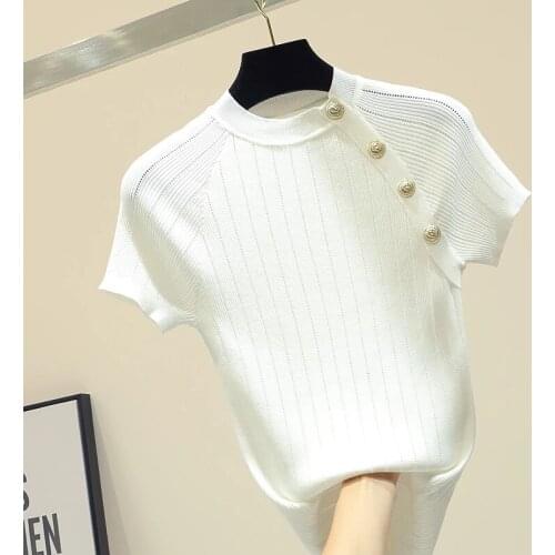 GGRIGHT 2021 New Summer Thin Knitted White T Shirt Button Short Sleeve Tshirt Women Solid Casual T-Shirt Female Tee Shirt Femme