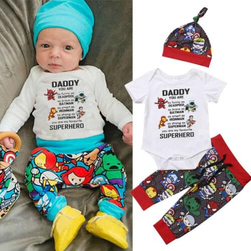 3pcs Newborn Baby Boy Clothes Set Superhero Tops Romper +Long Pants Hat Outfits Set Clothes Children New Fashion Clothing Sets