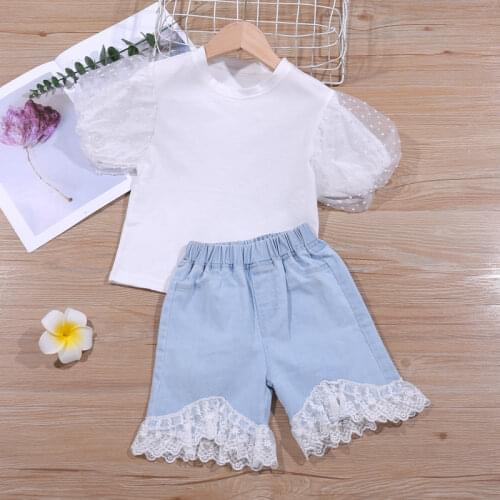 Girls Clothing Sets New Letter Flower Pattern Short Sleeve+Denim Shorts 2Pcs Outfits Girls Clothes Kids Clothing