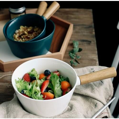 Creative Home Furnishing Wooden Handle with Handle Ceramic Bowl Japanese Dessert Fruit Salad Bowl Table Decoration