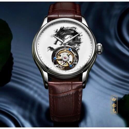 1963 Luxury Tourbillon Manual Mechanical Mens Watch Dragon Sapphire Crocodile Leather Men Watch Business Stainless Steel Clock
