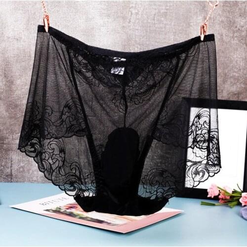 Men Lace See-through Underwear Sexy Sissy Bugle Pouch Briefs Thong Panties Mens Sexy Lace Ice Silk Elephant Nose Briefs
