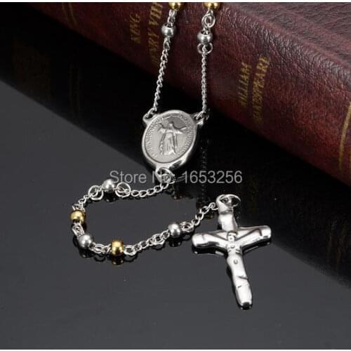 4mm/6mm/8mm Round Bead Rosary Necklace Stainless Steel religious Jesus Crucifix Cross Chain for women Men