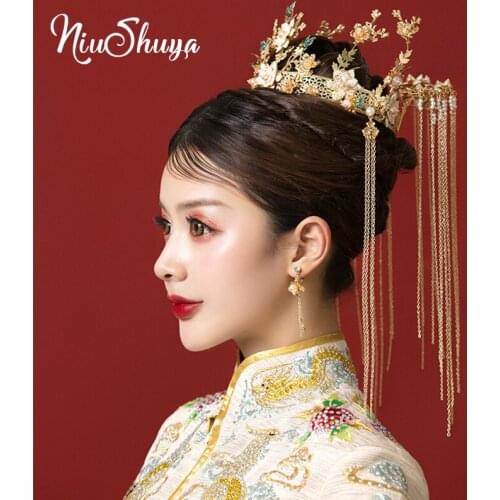 NiuShuya Chinese Traditional Bridal Bride Gold Phoenix Long Tassels Red Tiaras Crown Headpiece Earrings Wedding Hair Accessories