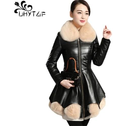 UHYTGF Quality PU leather autumn winter leather coat fashion fox fur collar slim elegant leather jacket female 3XL plus size 520