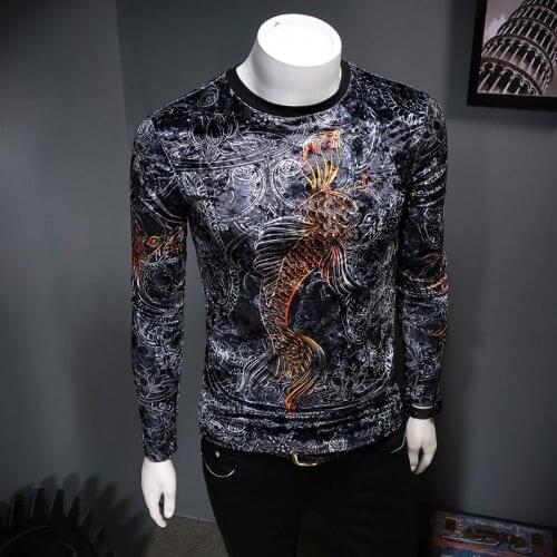 Vintage T Shirts Round Neck Long Sleeve Velvet Club Outfits Autumn Undershirt Luxury Elegant Slim Fit Men Tshirt