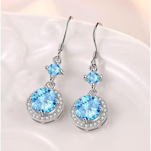 Vintage Female Aqua Blue Drop Earrings Charm Silver Color Dangle Earrings For Women Elegant Bride Round Zircon Wedding Earrings