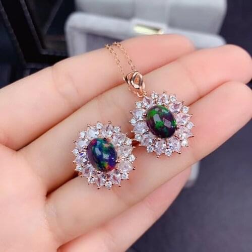 High Super Quality 100% Natural and Real Black Opal jewelry set Natural Real Opal 925 sterling silver 1pc pendant,1pc ring