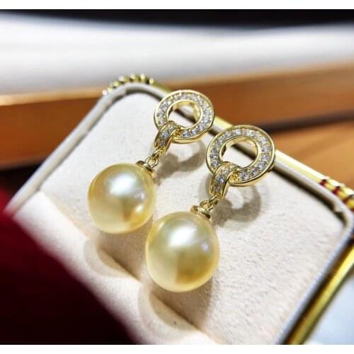 HENGSHENG New 9-10mm Natural Ocean Golden Pearls Earrings For Women 925 Sterling Silver Zircon Drop Earrings Luxury Fine Jewelry