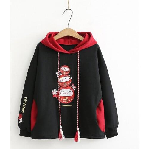 2020 Winter Fleece Sweatshirt Winter Japanese Mori Girl Big Size Cartoon Embroidery Warm Loose Hooded Pullovers Womoen Coat