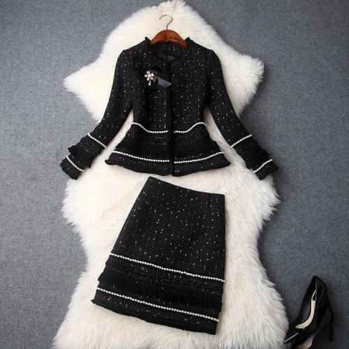 2019 Fall/winter OL suits Fashion pearls beading tweed jackets + tassels Skirts 2piece set elegant women set A827