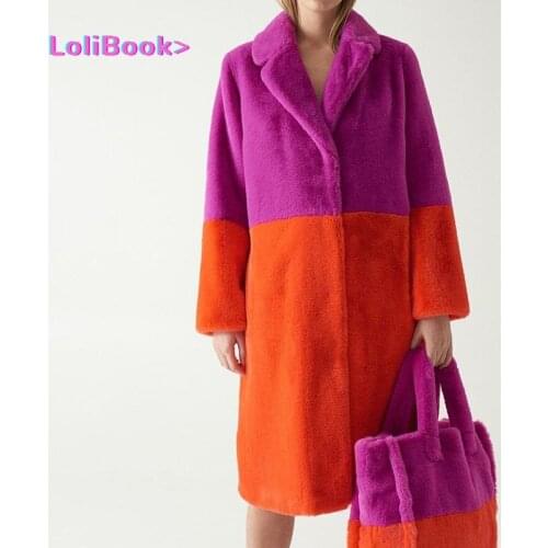 Women Contrast Color Mink Faux Fur Coat Turn Down Collar Winter Fur Lady Long Coat casaco feminino de pelinho искусственный мех