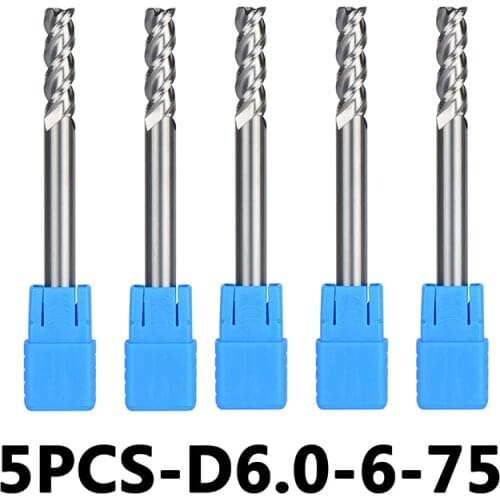 5pcs/lotD6-6-75 Tungsten Steel End Mills 3-Flute Flattened Head Milling Cutters Carbide End mills HRC45 Suitable for Aluminum