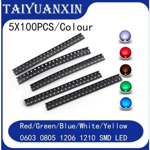 500pcs=5X100pcs/Color New 5050 5730 1210 1206 0805 0603 Red/Green/Blue/White/Yellow SMD LED diode kit