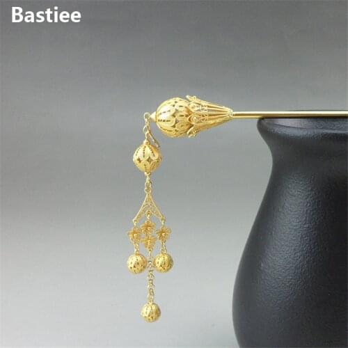 Bastiee Dangle 999 Sterling Silver Hmong Hair Stick For Women Golden Plated Ethic Hair Step Shake Hmong Luxury Jewelry
