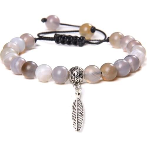 Botswana Agat Bracelets For Men Women Angel Wing Charm Bangle Vinatge Braid Black Minimalism Natural Stone Beads Pulsera Jewelry