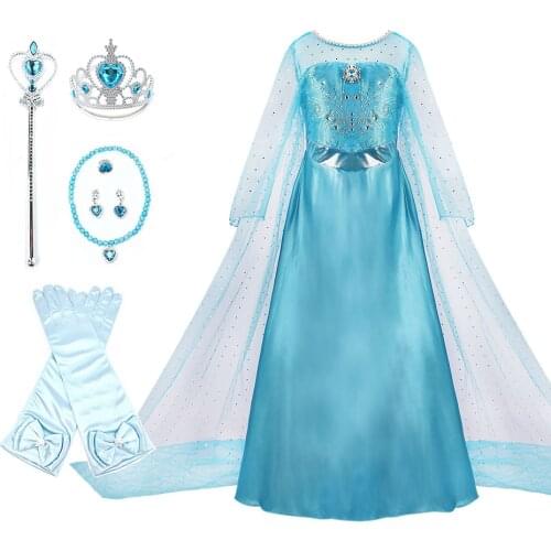 Long Snow Queen Elsa Dress Up for Girls Halloween Party Princess Costume Children Sequin Carnival Birthday Clothes Kids Disguise