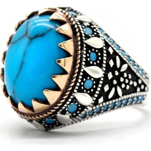 Men Ring with Turquoise Stone 925 Sterling Silver Oval Sky Blue Stone Ring Life Track Significance Turkish Handmade Jewelry Gift