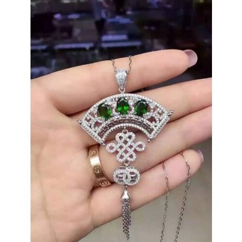 Natural diopside stone brooch S925 silver Natural gemstone brooch Pendant trendy Chinese knot tassel women two wears jewelry