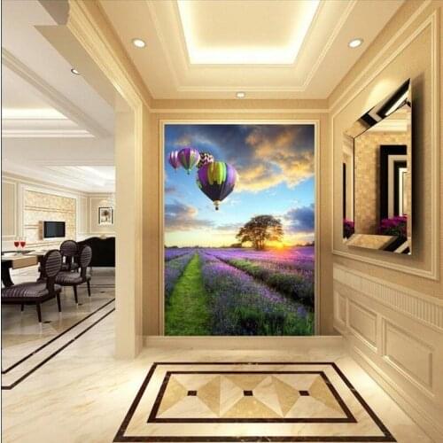 Photo wallpaper 3D Purple Lavender Hot Air Balloon Pastoral Background Fresco Corridor Wallpaper high quality mural