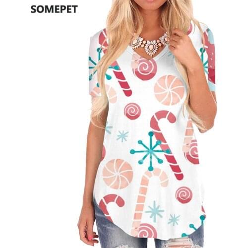 SOMEPET Christmas T Shirt Women Snowflake V-neck Tshirt Painting Shirt Print Gift Tshirts Printed Womens Clothing Fashion Loose