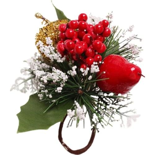 Artificial Flowers Mouth Ring Green Napkin Rings Pine Needle Ornament Christmas Craft Home Party Supply Red Berry Cuttings