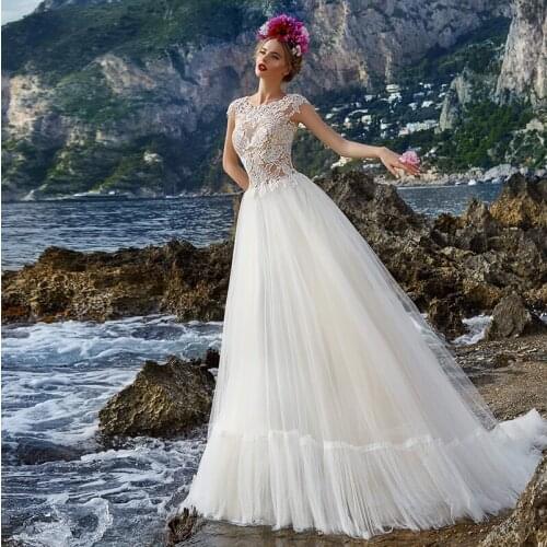 High Quality Cheap A Line Lace Beach Wedding Dress White Long Tulle Vestido De Noiva Appliques Customize
