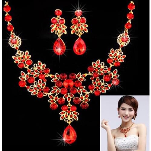 Bridal Wedding Party Red Golden Color Alloy Pendant Necklace Earrings Set