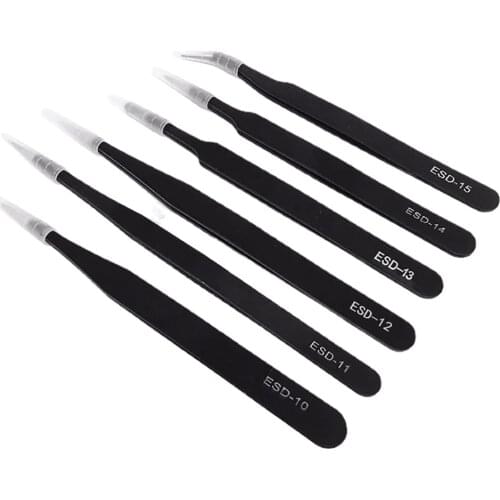 6pcs Anti-static tweezers set stainless steel ESD tweezers electronic repair soldering iron tool Curved Straight Tweezers