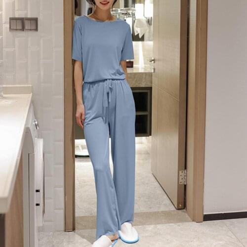 Summer Autumn Sleep Lounge Pajama Women Elastic Short Sleeve Top + Long Pant Pajama Set Pure Color Pyjamas Sleepwear Women