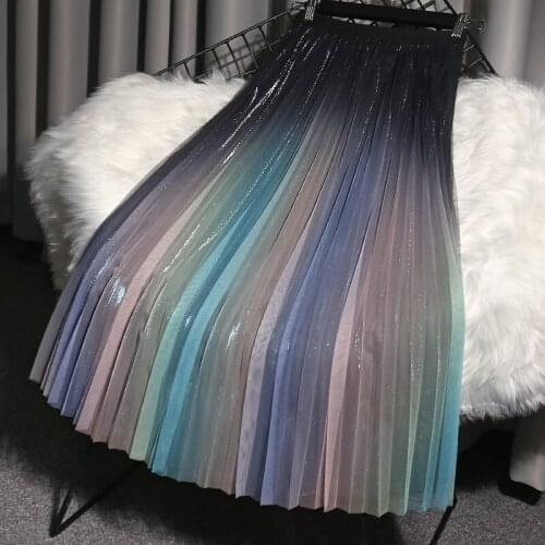 2021 Gradient Color Mid-Length Pleated Skirt High Waist A-Line Fashion Rainbow Skirt Veil Spring And Autumn Women Saias zh075