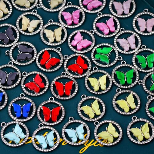 Silver Color 20X20mm Round Pave Rhinestone Frame Colorful Acrylic Butterfly Charms Pendant 10Pcs/set DIY Making Earring Findings