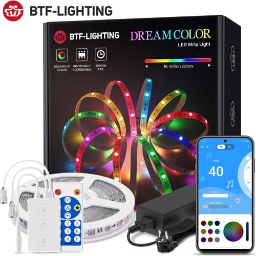 Dreamcolor LED Strip Light Bluetooth Music APP Control RGB IC Flexible Led Light Strip for Room TV Bedroom Party Kitchen 10M 20M