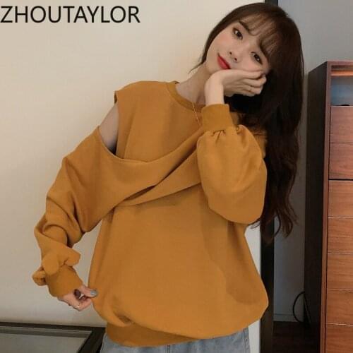 ZHOUTAYLOR Sweatshirt Women Office Lady Hollow Out Full Sleeve Pullovers Femme Sweet O-Neck Loose Autumn New Tops Female S0689