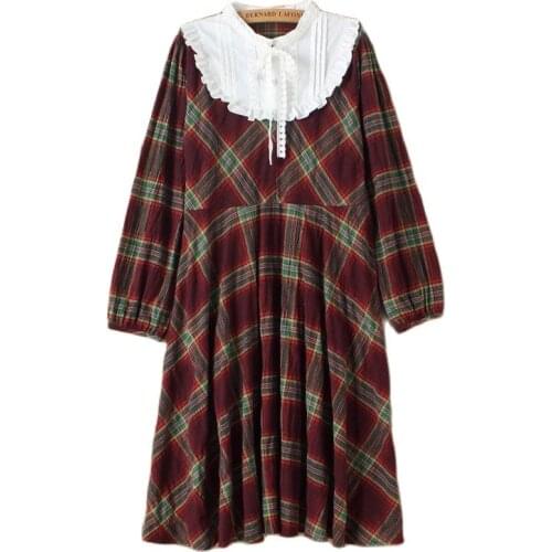 Japanese Mori Girl Vintage Hippie Retro Crochet Embroidery Patchwork Plaid Lolita Sweet Women Autumn Loose Long Sleeve Dress