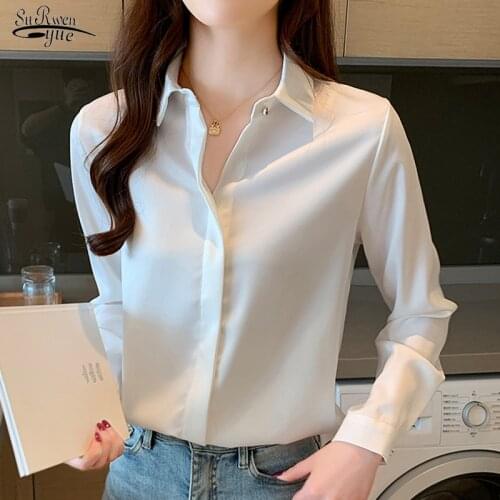 2021 Spring New Long-Sleeve Silk Womens Shirt Office Lady Turn Down Collar Solid Blouse Women Elegant Ladies Tops Blusas 10618