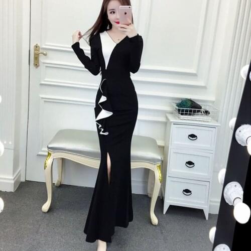 Women Dresses Lotus Leaf Splice V-neck High Waist Split Ladies Evening Bodycon Dress Spring Fashion Female Sexy Vestido de festa