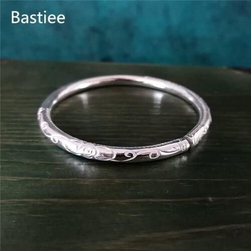 Bastiee 999 Sterling Silver Cuff Bracelet For Women Bangle Plant Adjustable Hmong Handmade Luxury Jewelry Wife Birthday Gift