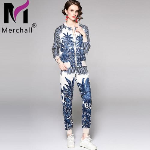 Runway Design Female Two Piece Pants Sets Flower Print Striped Coat + Long Pants Office Lady Suits Autumn Woman Clothing M67457