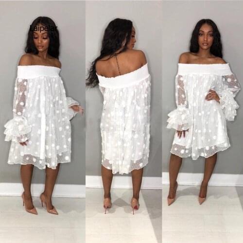 Women White Dress Off Shoulder Lace Tulle Sleeve See Through Loose Big Polka Dot Holiday Beachwear Vacation Backless Summer Wear