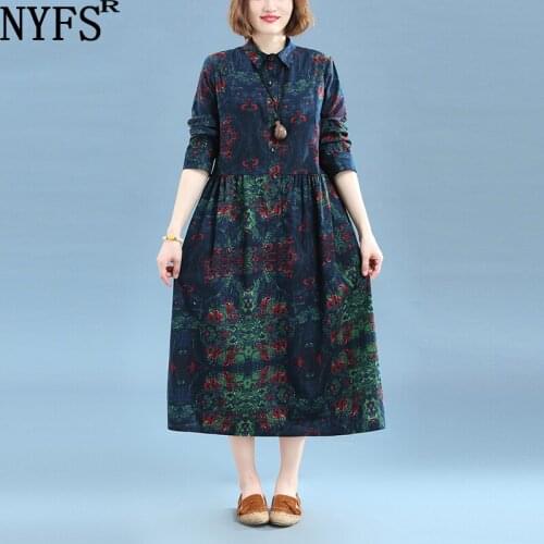 NYFS 20201 New Spring Autumn Woman Dress Loose Vintage Cotton Linen Printing long Dress vestido de mujer Robe Elbise