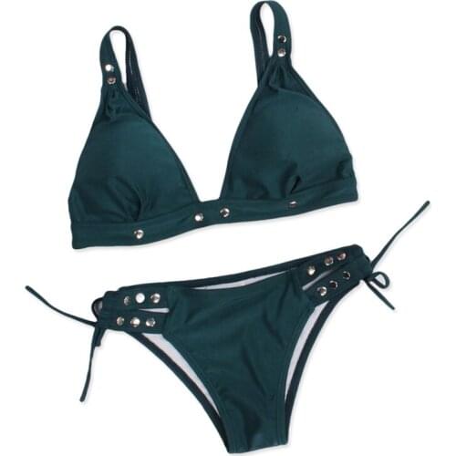 2019 Sexy Women Solid Tie Side String Shown Cleavage Low Waist Padded Wireless Bikini Sets Bathing Suits