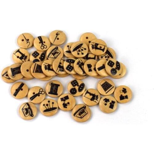 50PCS 15MM Random Mixed Round Shaped Wooden Button Mixed Wood Buttons 2 Holes Sewing Accessories for Clothes DIY Craft
